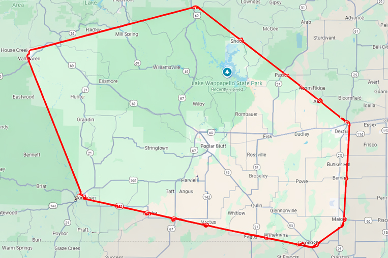 Bootheel Roofing service area map including Malden Missouri